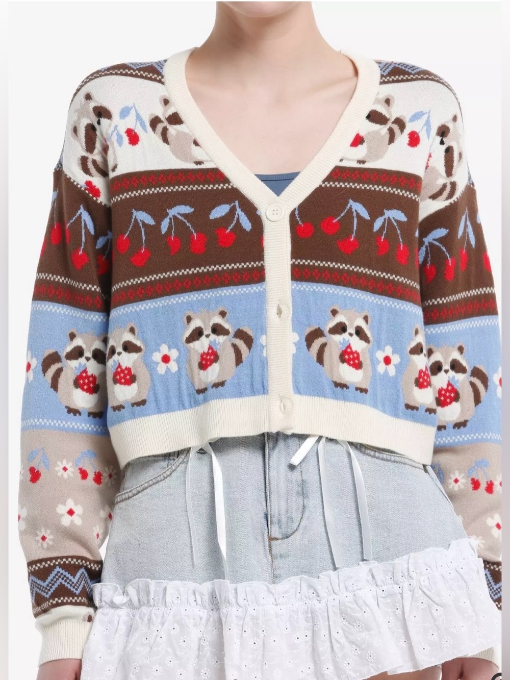 Thorne and Fable Raccoon & Cherry V-Neck Knit Cardigan - Blue/Brown